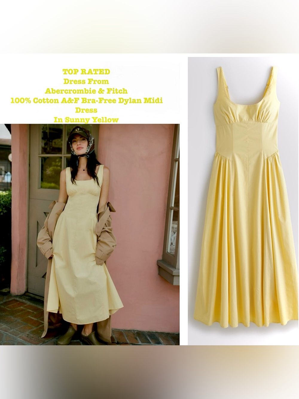 Abercrombie & Fitch 100% Cotton A&F Bra-Free Dylan Midi Dress in Sunny Yellow